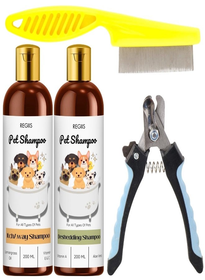 مجموعة ريجيس للعناية بالحيوانات الأليفة، شامبو للكلاب بتركيبة لإزالة الشعر الزائد وتخفيف الحكة، مقص أظافر ومشط، 200 مل، 4 قطع - Image 1